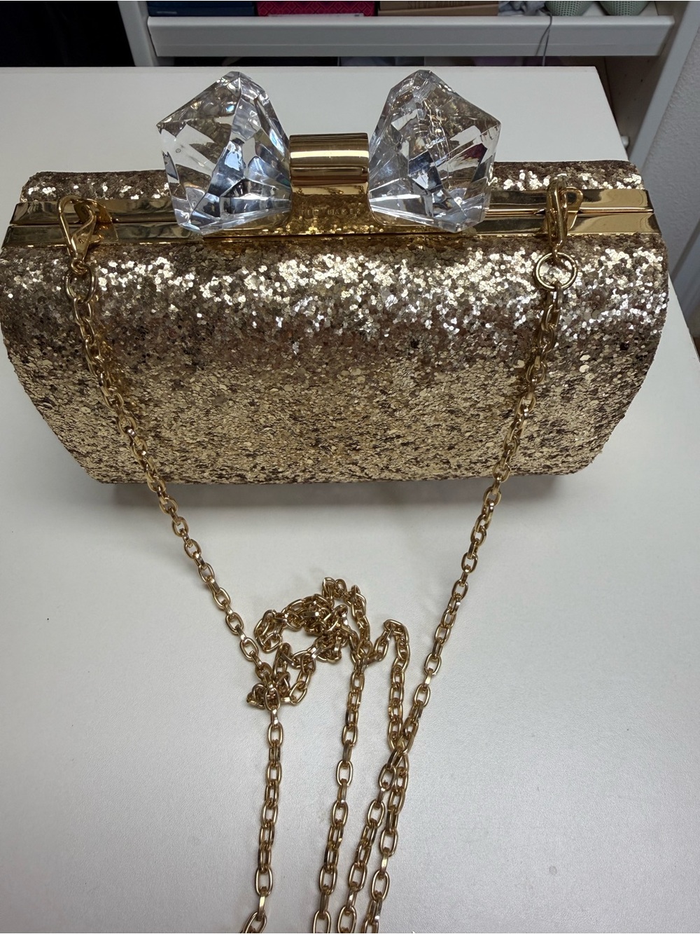Ted baker Gold Glitter Crystal Bow Evening Clutch with Chain Strap